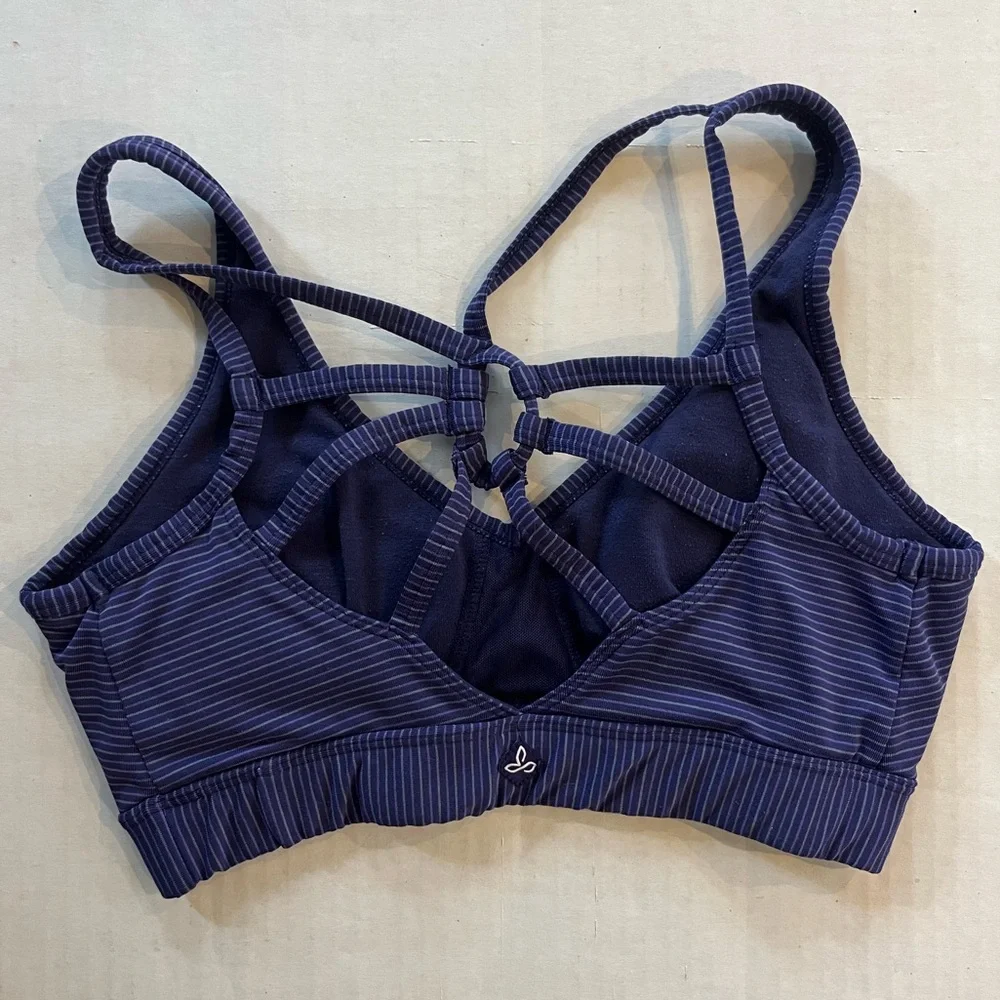 Prana Dreaming sports bra purple striped strappy caged back V neck size XS - Picture 4 of 8